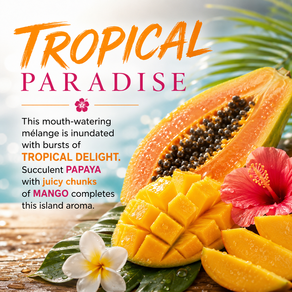 Promotional graphic for a tropical fruit-flavored product, featuring large orange and pink text reading 'TROPICAL PARADISE' over a styled arrangement of sliced papaya, diced mango, hibiscus flowers, and green leaves on a tropical beach-like background.