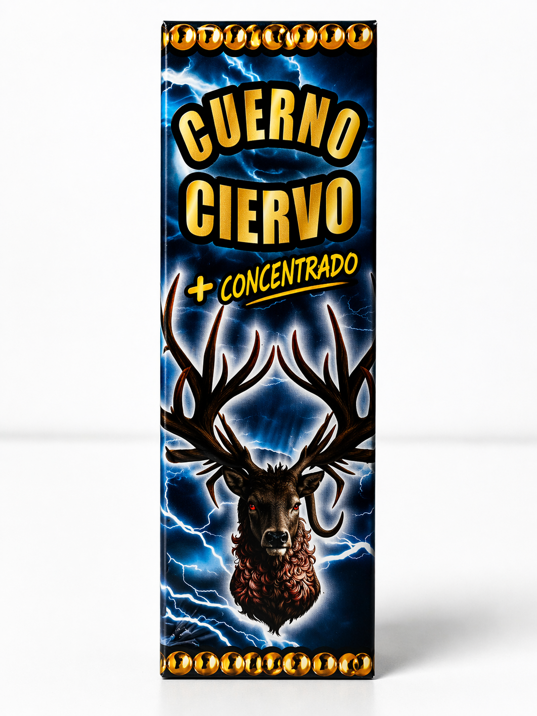 Product packaging with a deer head and 'Cuerno Ciervo' text on a blue background