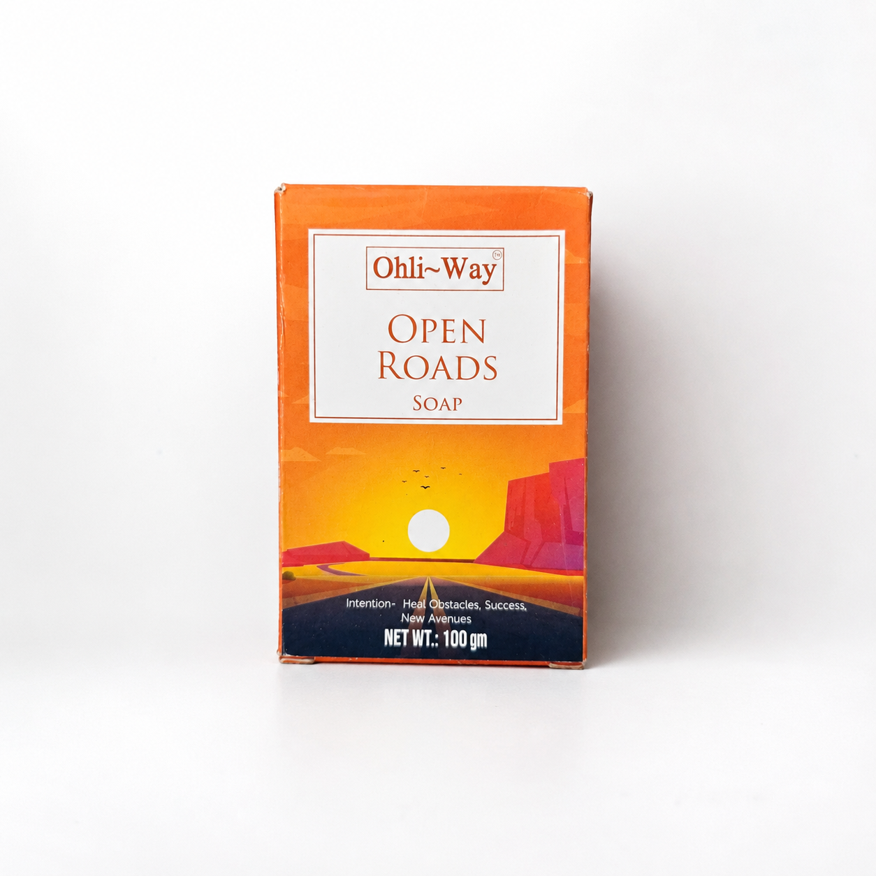 Ohli-Way Open Roads Soap in a rectangular orange box with a desert sunset illustration and a white label on the front, photographed on a clean white background.