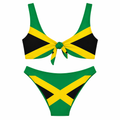 Bikini set with Jamaican flag design on a white background
