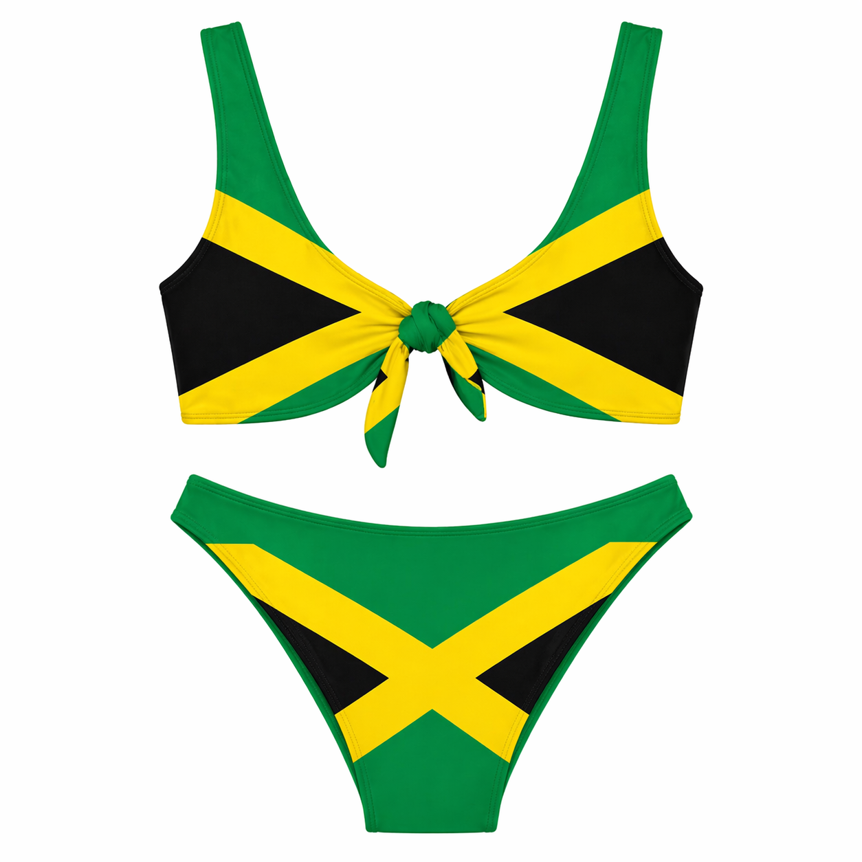 Bikini set with Jamaican flag design on a white background