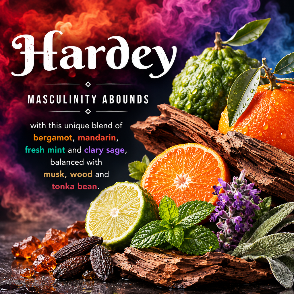 A stylized product graphic for a fragrance or scent named Hardey, with large white title text over a colorful smoky background. The scene shows citrus fruits, bergamot, mandarin, mint, lavender, wood bark, and amber crystals arranged as ingredients or scent notes.