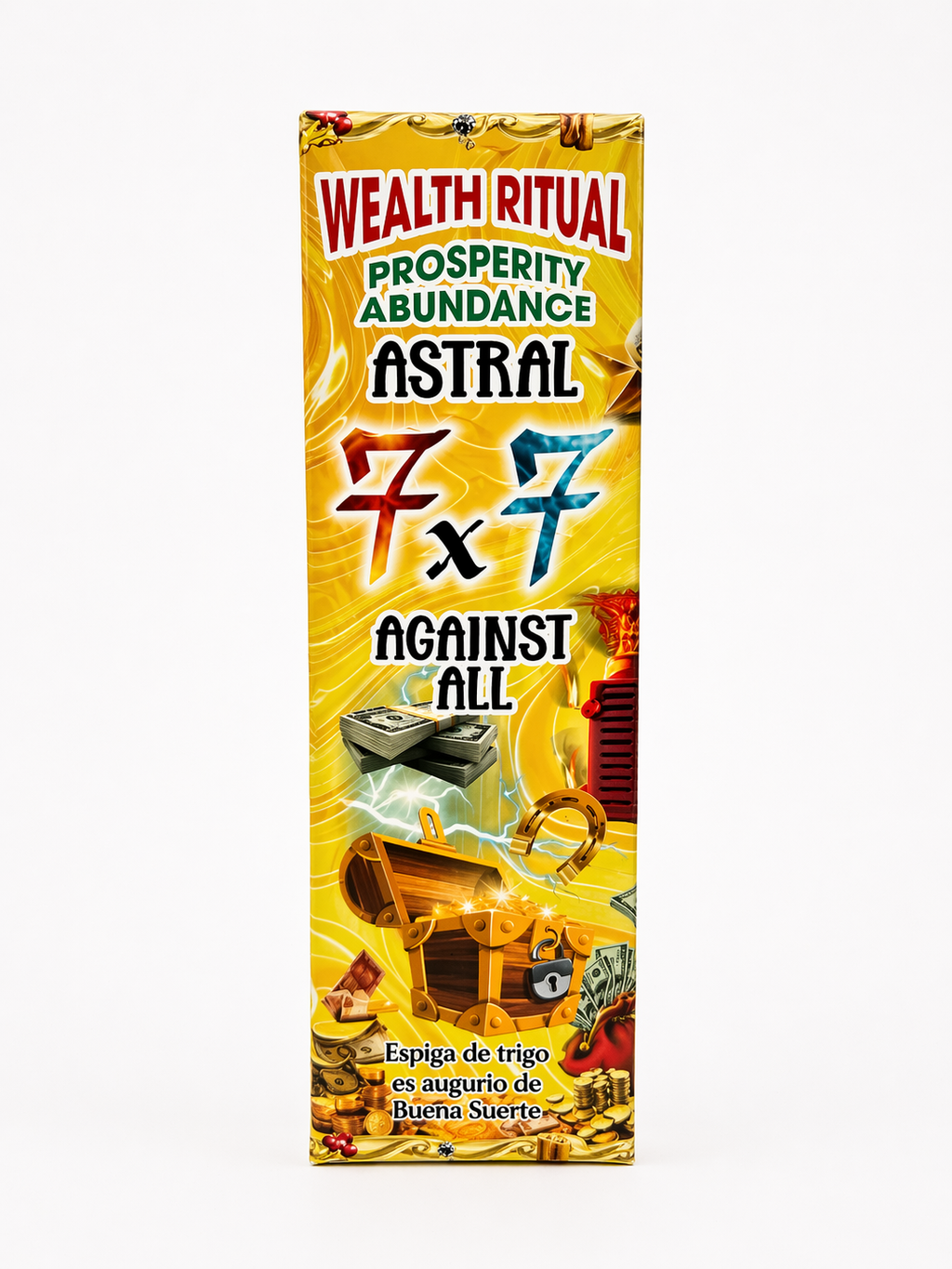 Packaging of Wealth Ritual product with colorful design and text on a white background