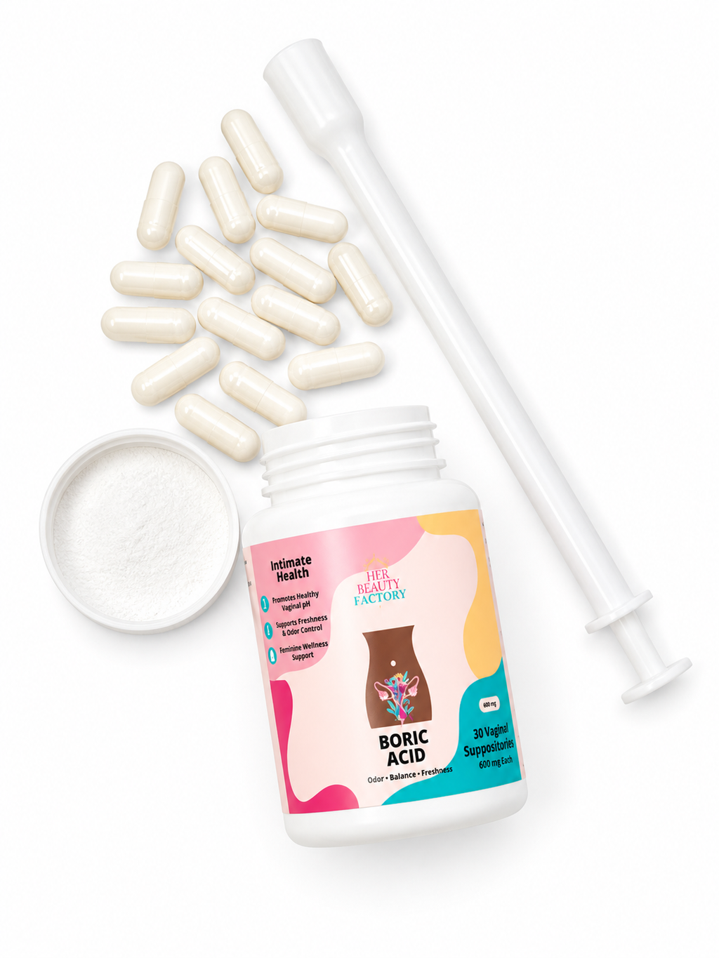 Boric acid supplement bottle with capsules and a scoop on a white background