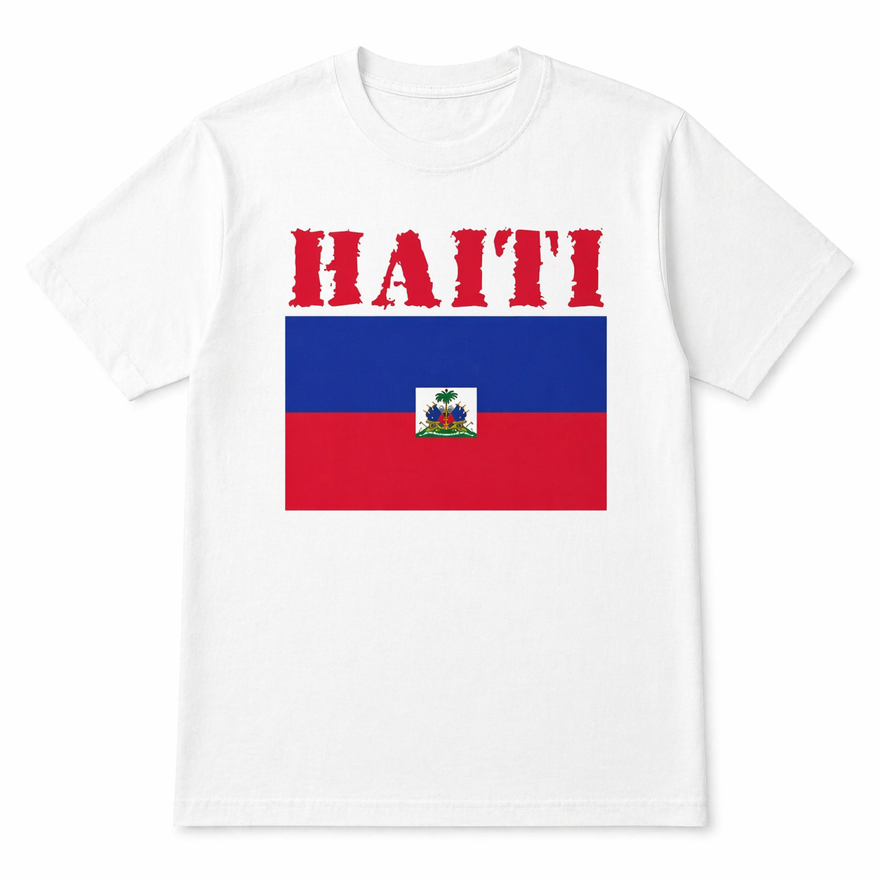 White t-shirt with Haiti text and flag design on a white background