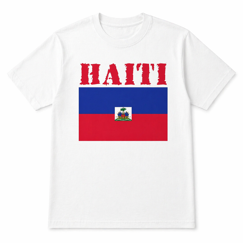 White t-shirt with Haiti text and flag design on a white background