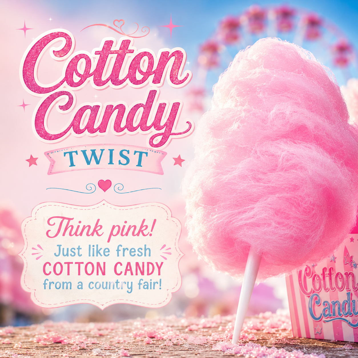 A pink cotton candy stick with a pink-and-white box on a candy-sprinkled surface, set in a pastel fair-themed scene with large text reading 'Cotton Candy Twist' and 'Think pink! Just like fresh cotton candy from a country fair!'.