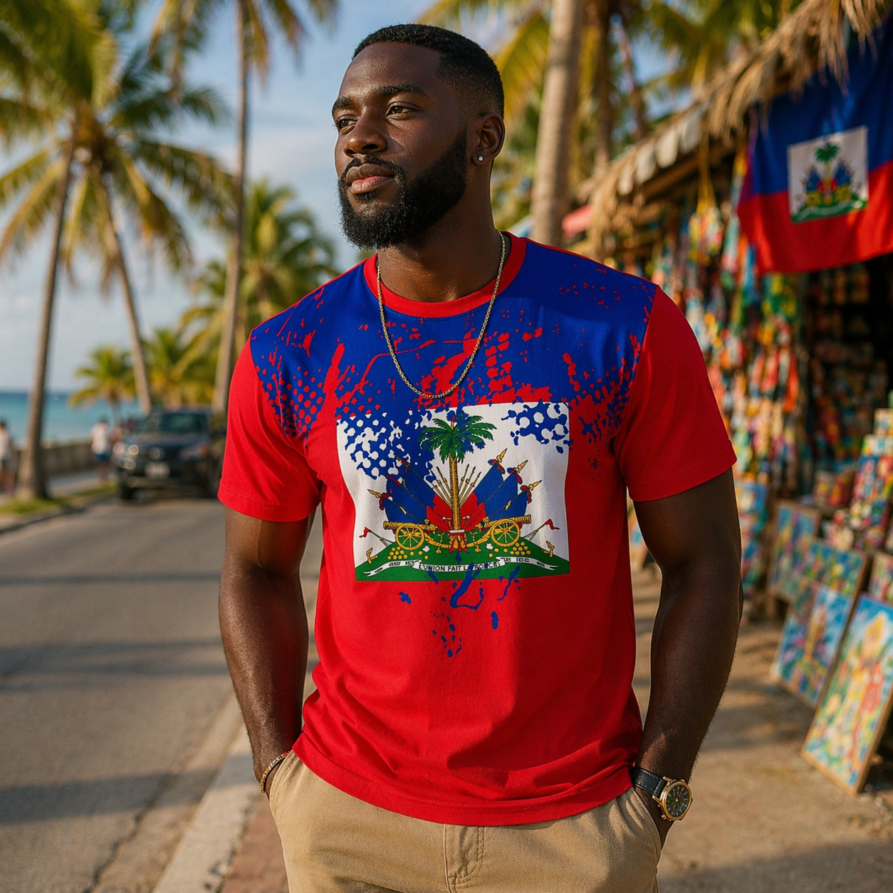 Man wearing a red and blue t-shirt with a graphic design, standing in front of palm trees and a market stall.
