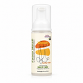 A bottle of Woody Vanilla Cedar Foam Men’s Intimate Wash by Lakayy Remedies, featuring a white pump dispenser and a cream-colored label with orange and yellow abstract graphics.