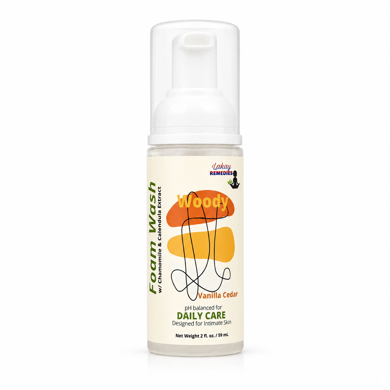 A bottle of Woody Vanilla Cedar Foam Men’s Intimate Wash by Lakayy Remedies, featuring a white pump dispenser and a cream-colored label with orange and yellow abstract graphics.
