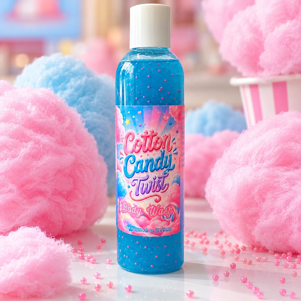 A bottle of body wash with blue gel inside, featuring a white cap and a blue label with pink and white text that reads 'Creamy Body Wash' and 'Cotton Candy Twist'.