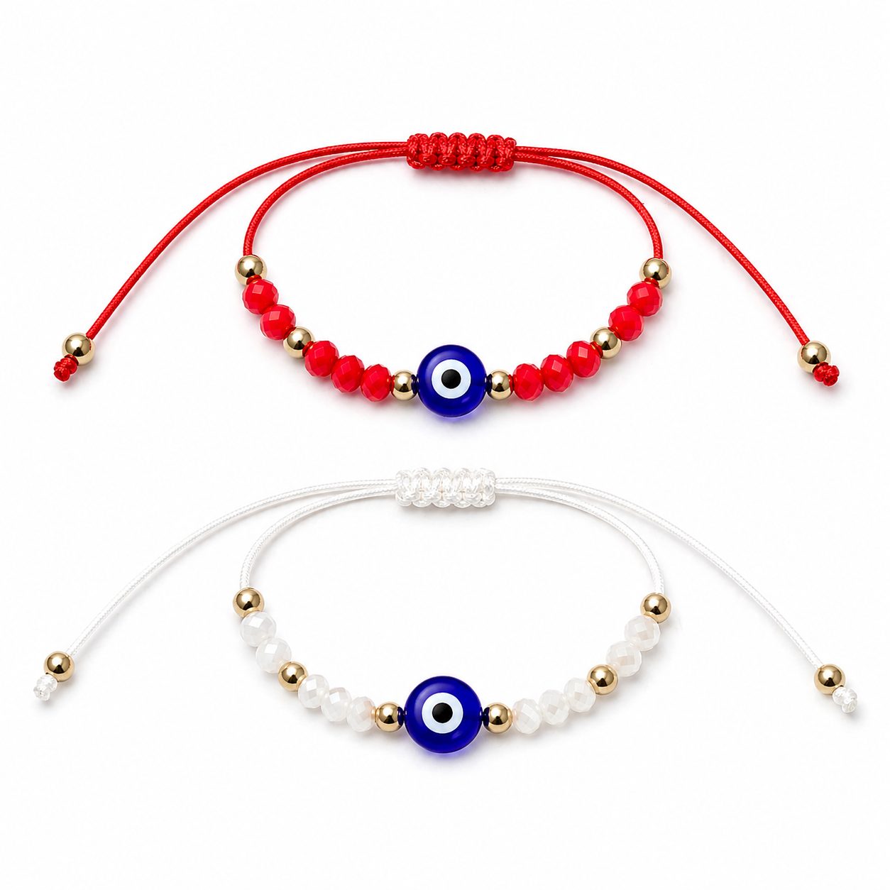 Two bracelets with red and white strings and blue evil eye beads on a white background