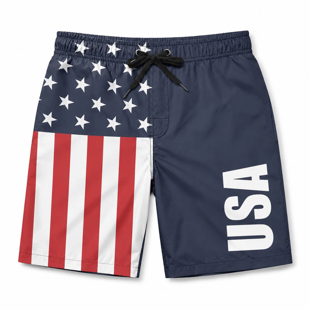 Navy swim shorts with American flag design and 'USA' text on a white background