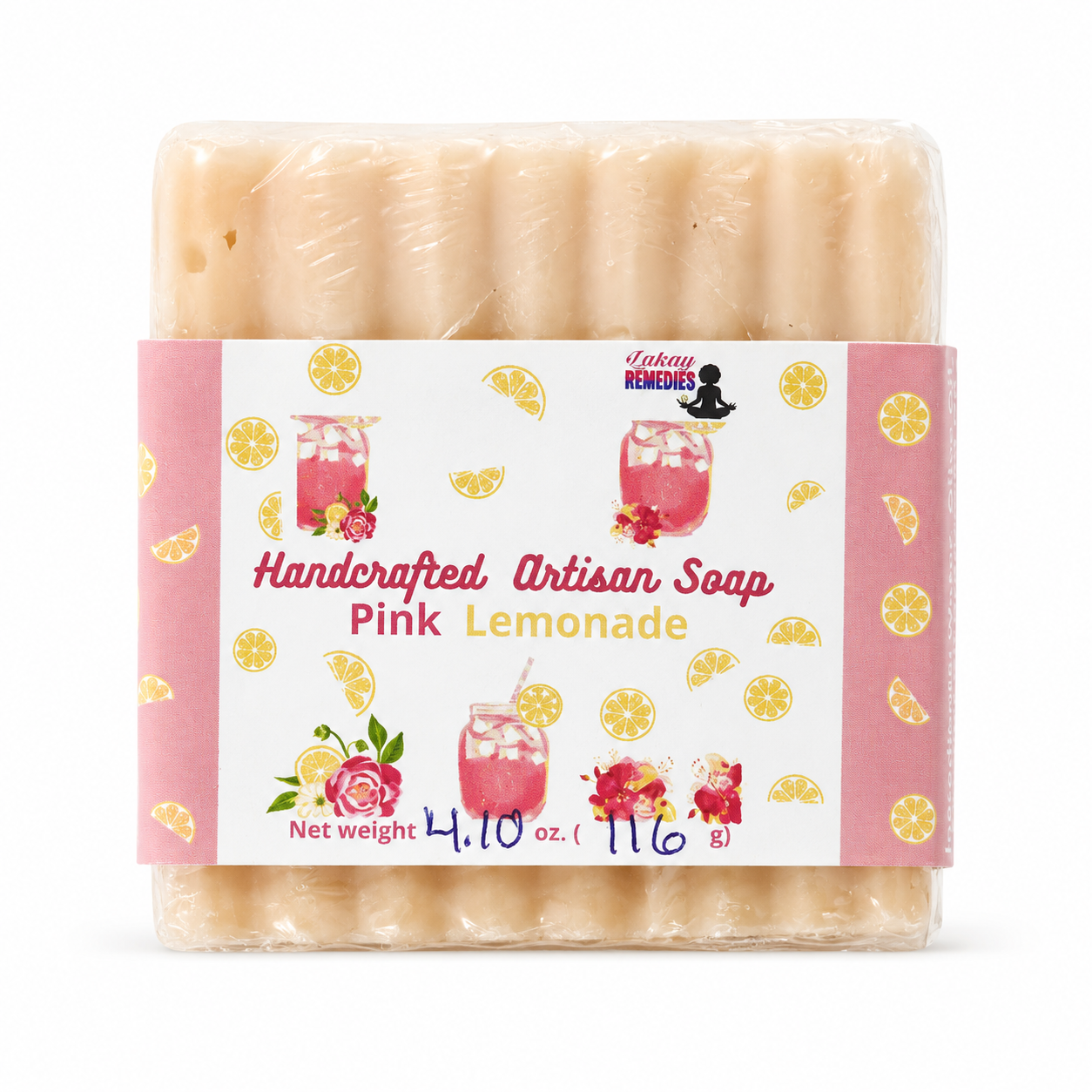 A packaged bar of handmade artisan soap labeled 'Pink Lemonade' by Lakay Remedies, wrapped in clear plastic with a pink and white paper label featuring lemon slices and cocktail illustrations.