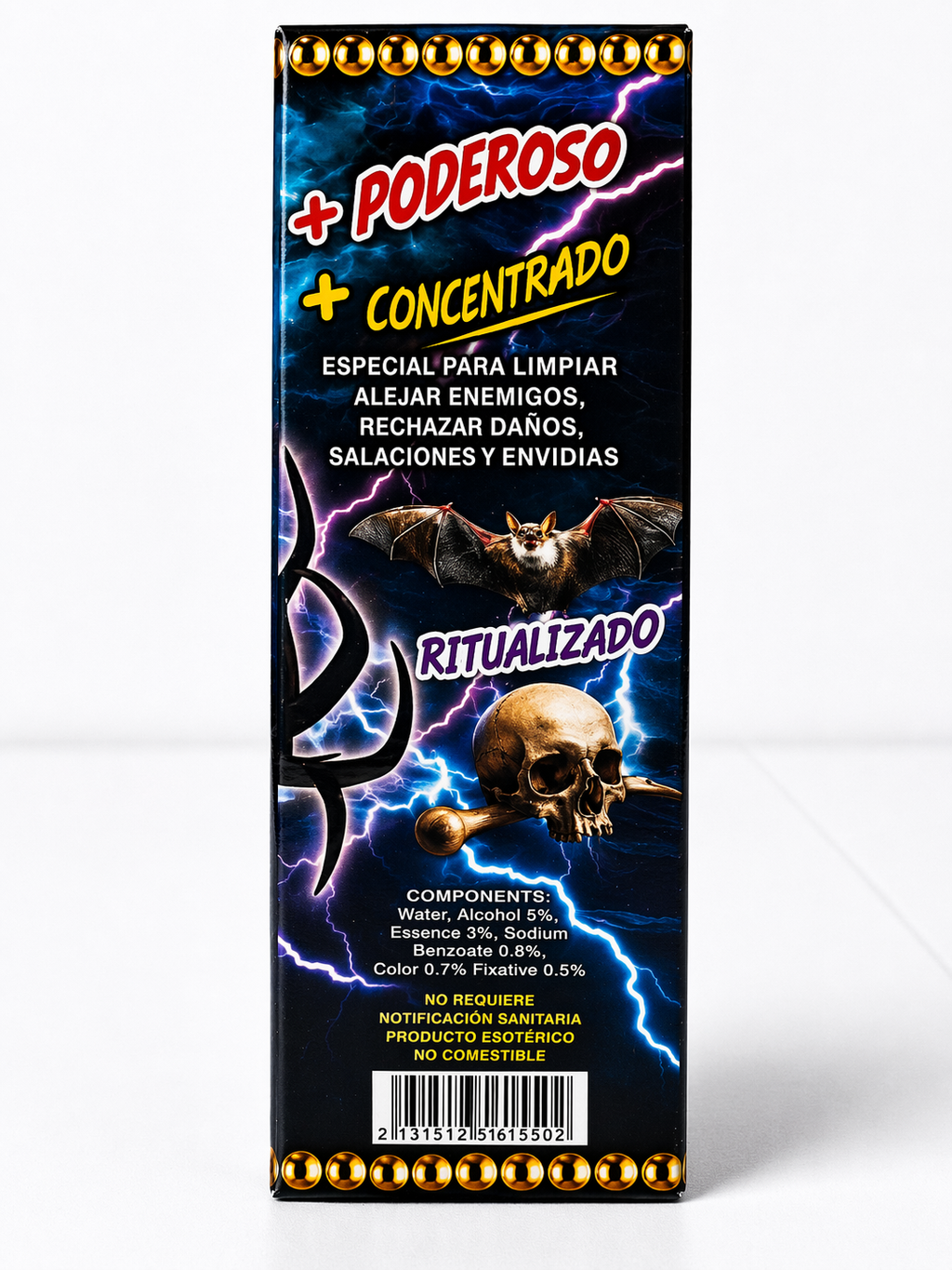 Product packaging with dark blue and black design, featuring a skull and lightning bolt, on a white background.