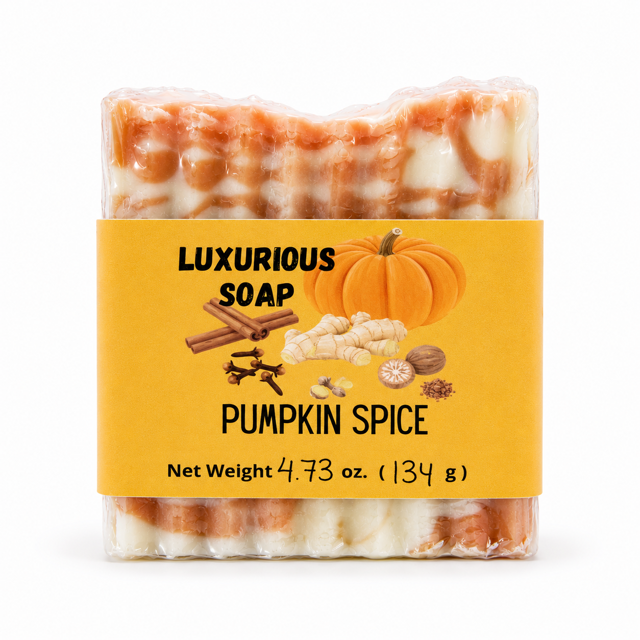 A packaged bar of 'Pumpkin Spice' luxurious soap with a bright yellow label, featuring illustrations of a pumpkin, cinnamon sticks, and cloves, set against a plain white background.