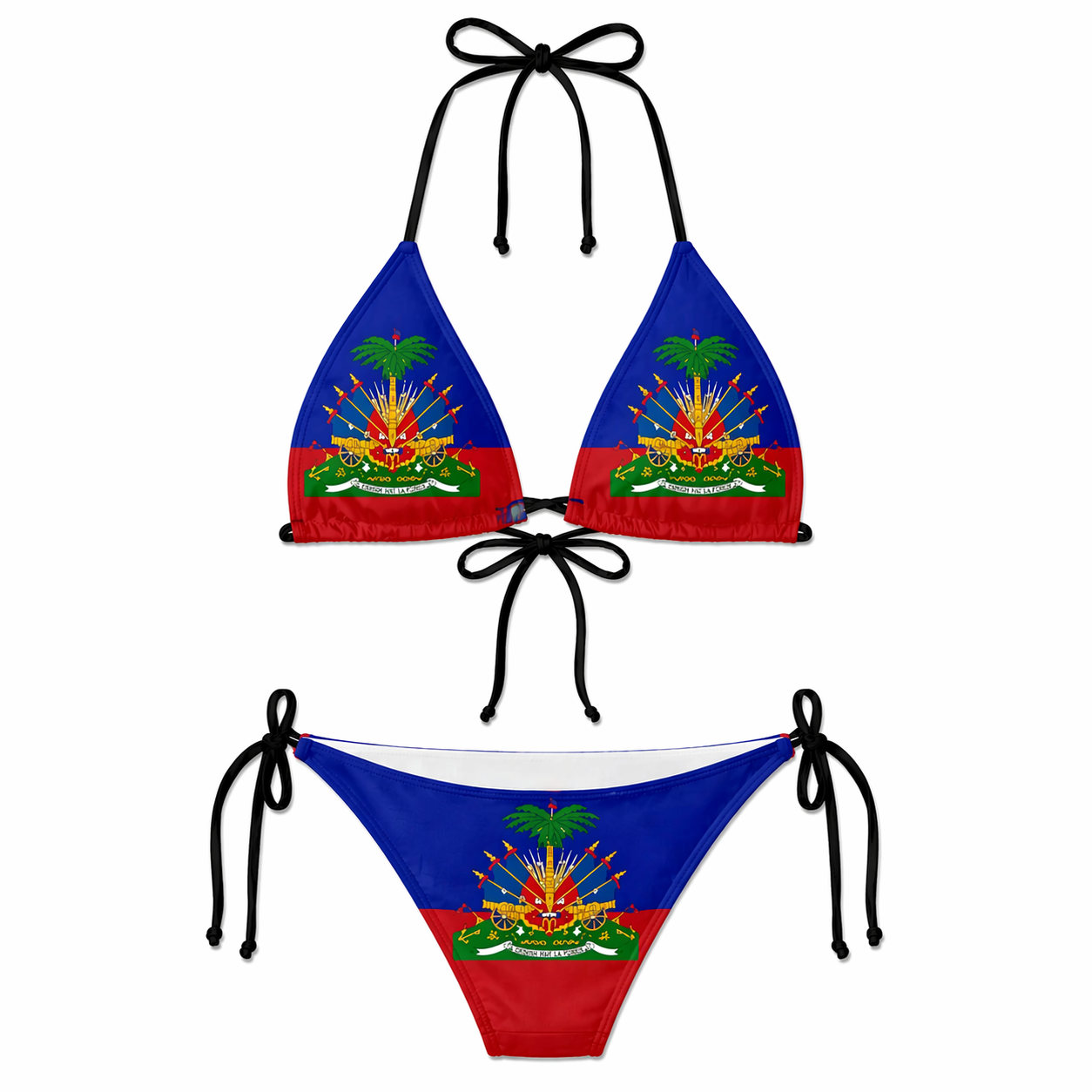 Bikini set with a design resembling the Haitian flag on a white background