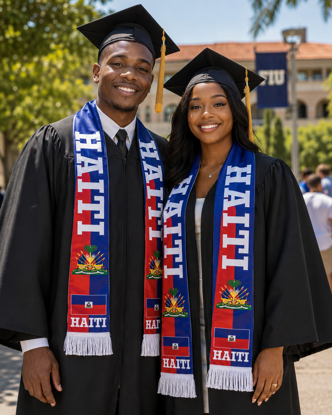 Two graduates wearing Haitian flags on their stoles outdoors.
