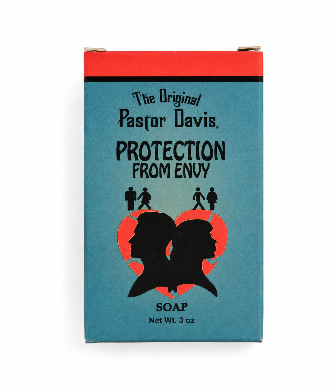 The Original Pastor Davis Protection From Envy soap box, featuring a teal blue front with a red top band, black text, and a red heart silhouette with black profile cutouts.