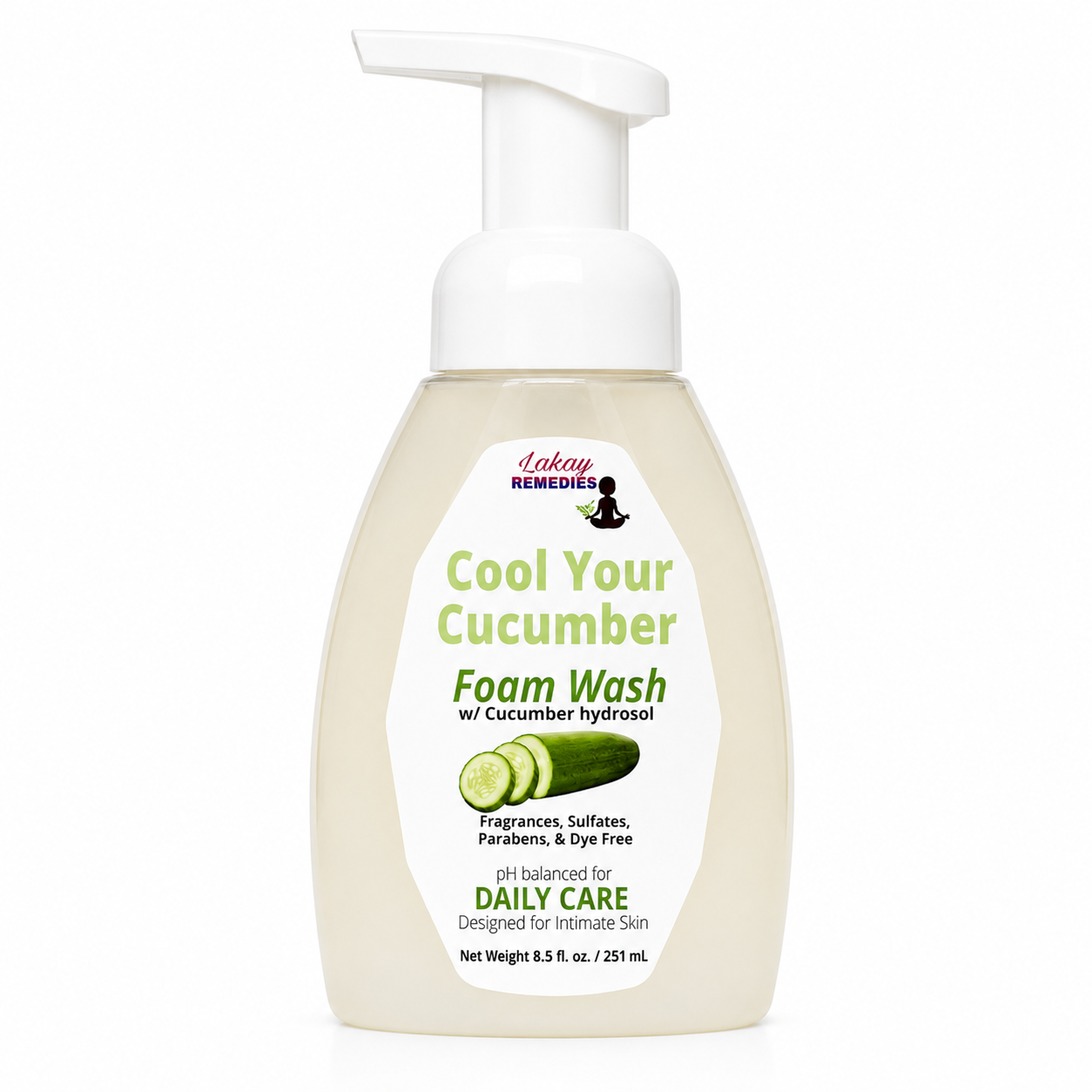 A bottle of Cool Your Cucumber Foam Wash with a white pump dispenser and a white label featuring green and black text, set against a plain white background.
