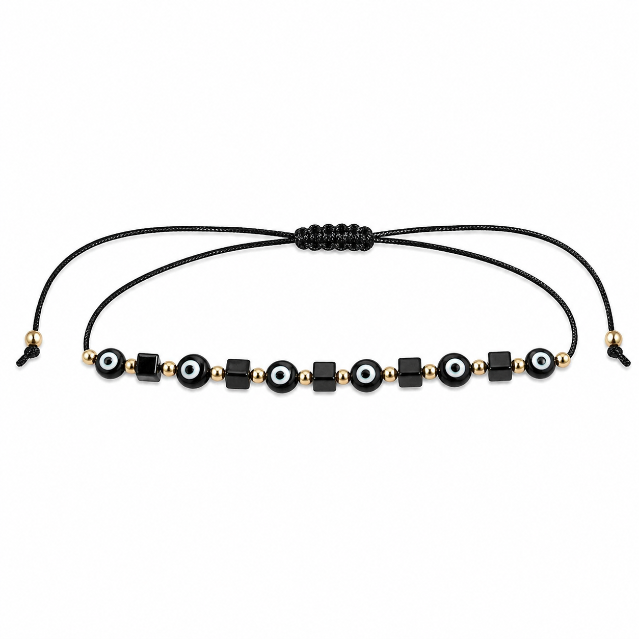 Black and gold beaded bracelet on a white background