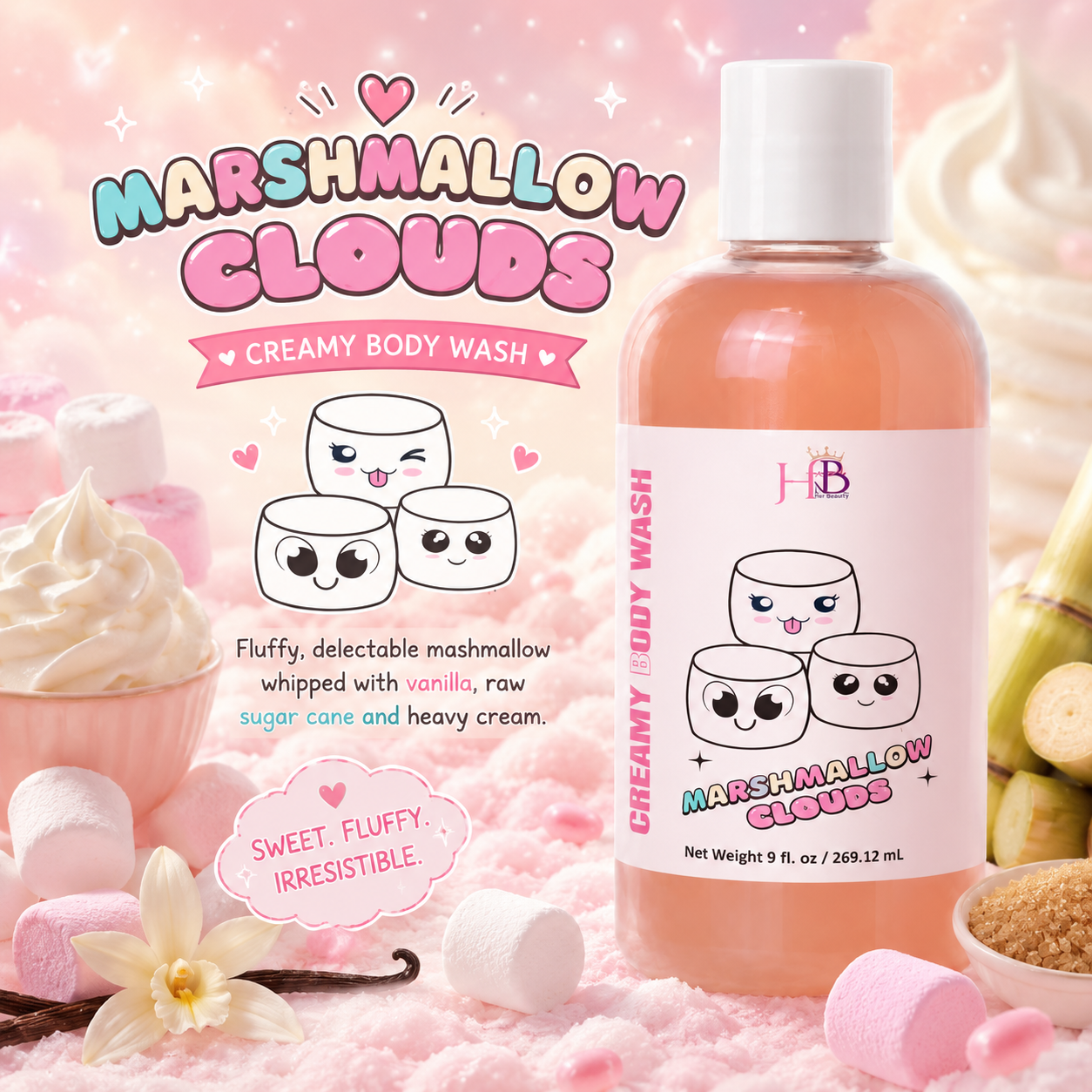 Marshmallow Clouds Creamy Body Wash bottle with a white cap, filled with peach-pink liquid, shown on a pink marshmallow-themed background with whipped cream, marshmallows, and vanilla beans.