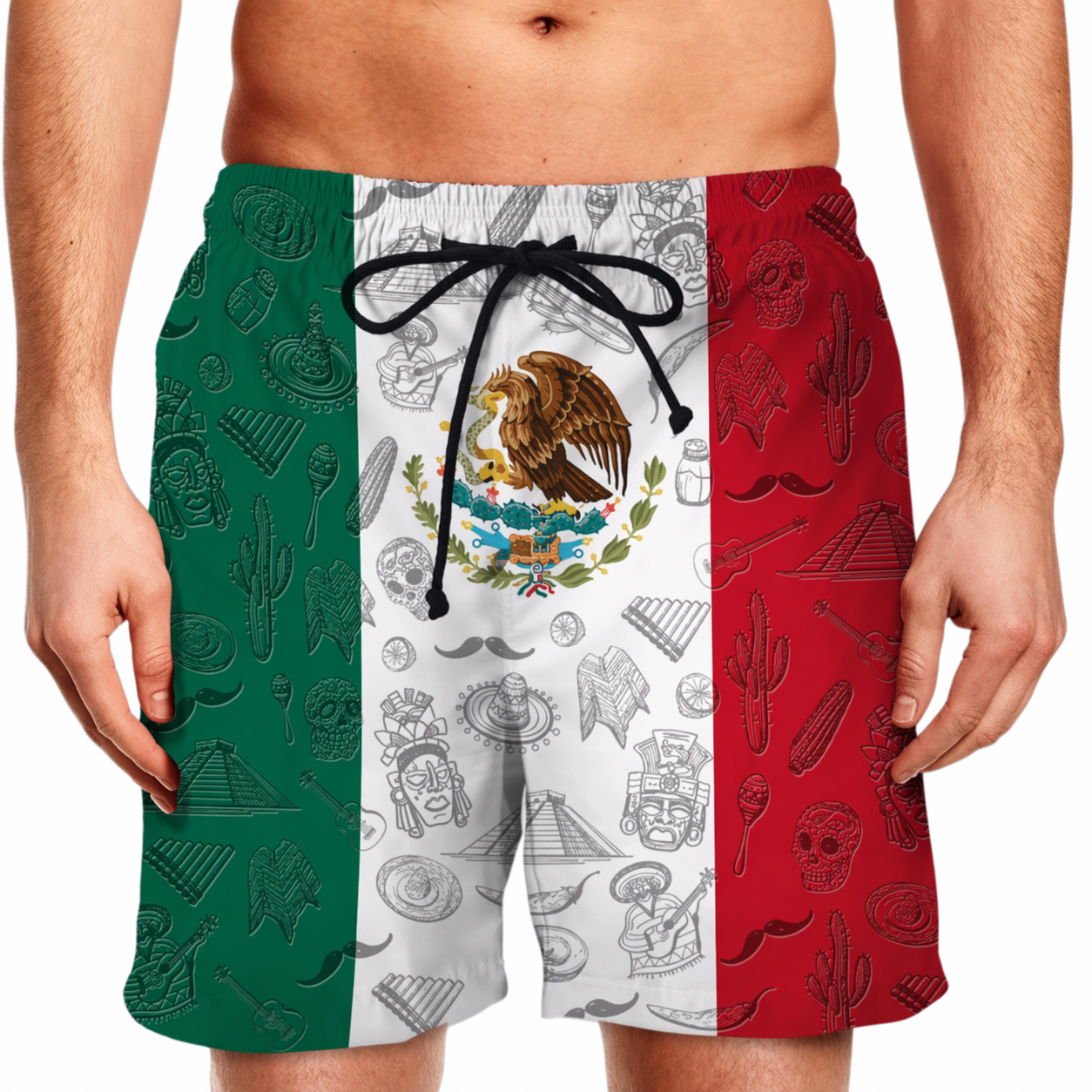 Shorts with a design inspired by the Mexican flag, featuring green, white, and red colors.