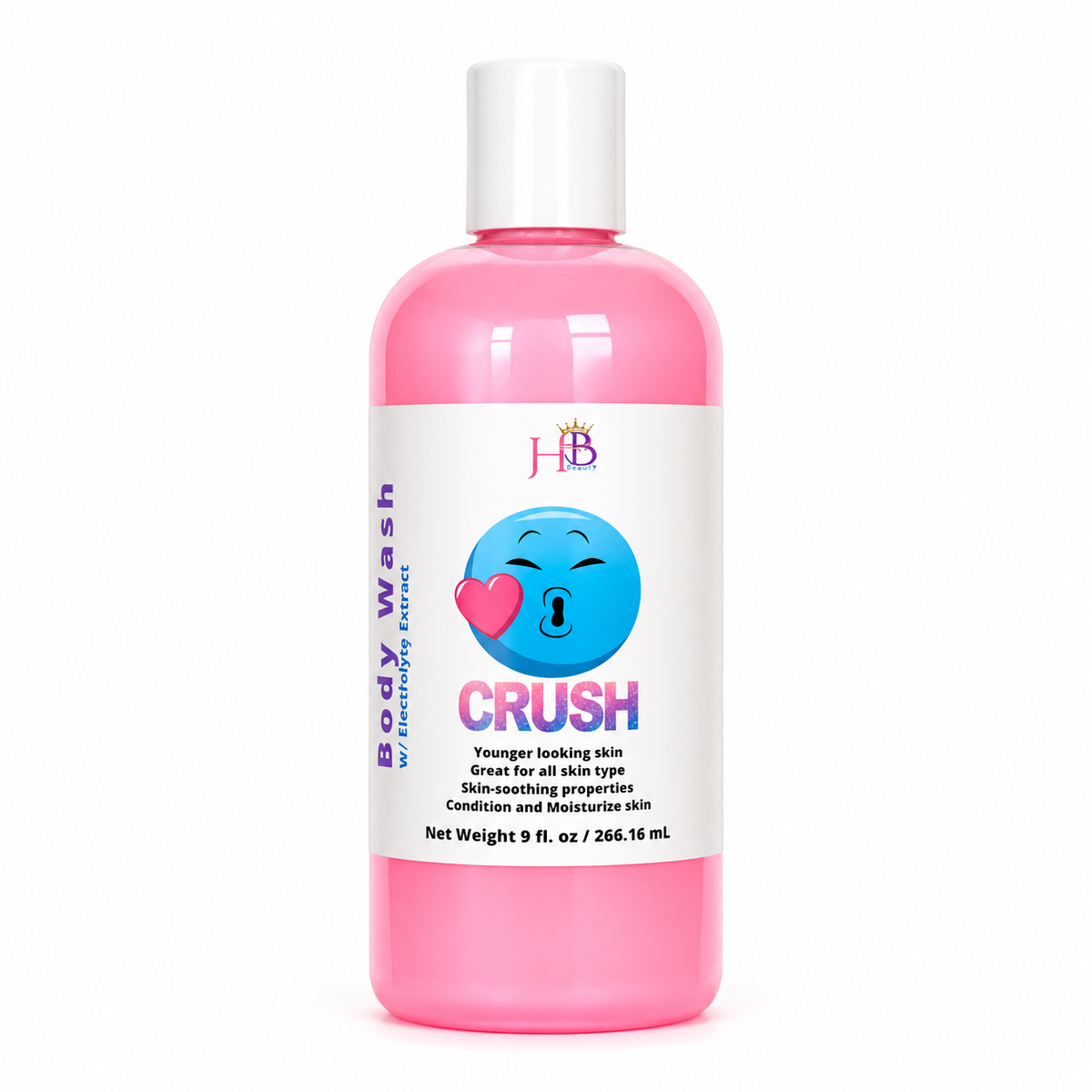 A bottle of Her Beauty Factory Body Wash 'CRUSH' in a translucent pink plastic bottle with a white cap and a white label featuring a blue emoji face.