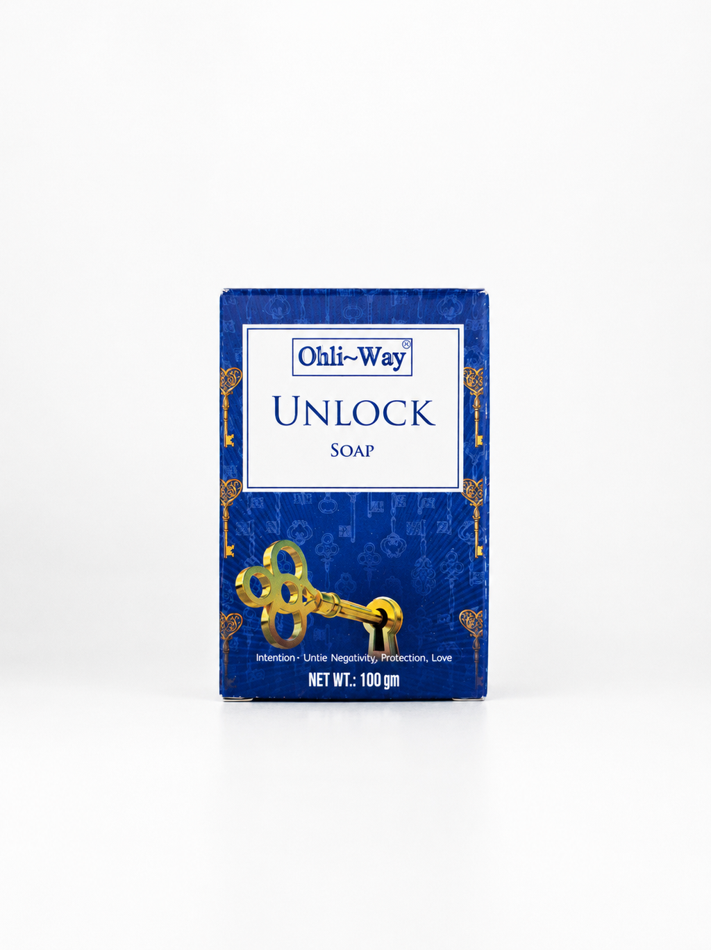 A 100g bar of Ohli-Way Unlock Soap in a blue rectangular box with a white label and a gold key graphic, set against a plain white background.