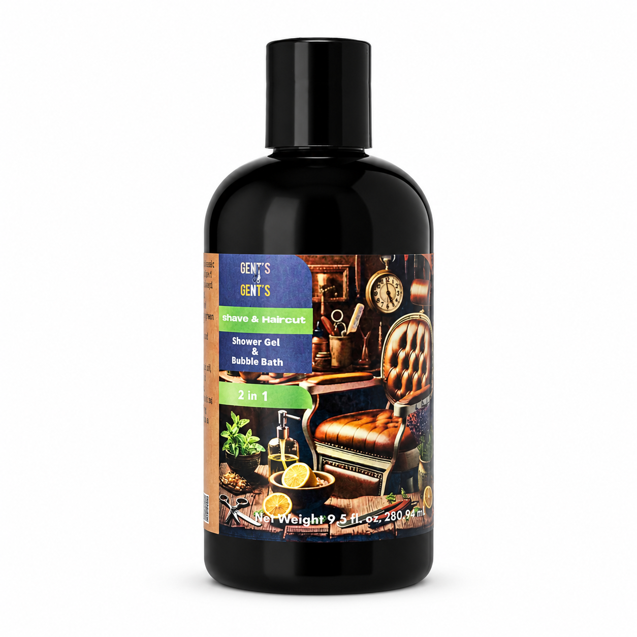A bottle of Gent's of Gent's Shower Gel & Bubble Bath, featuring a black bottle and cap with a colorful label depicting a vintage barber shop scene.