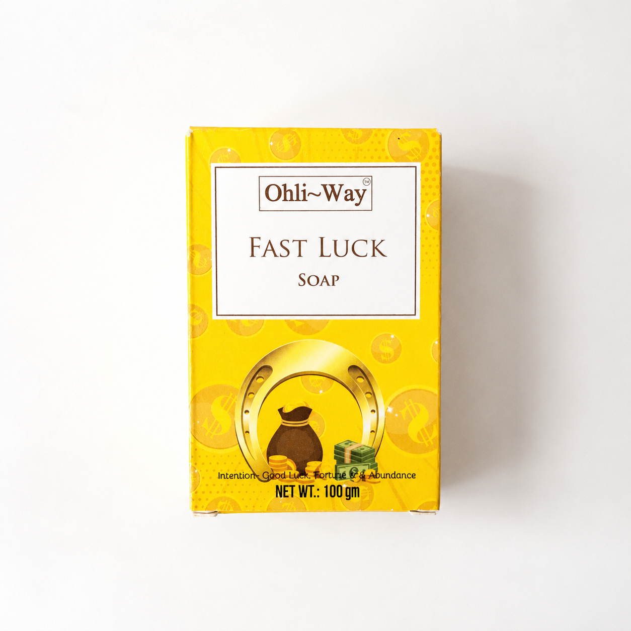 Ohli-Way Fast Luck Soap in a yellow box with a white label and gold horseshoe graphic, photographed on a white background.