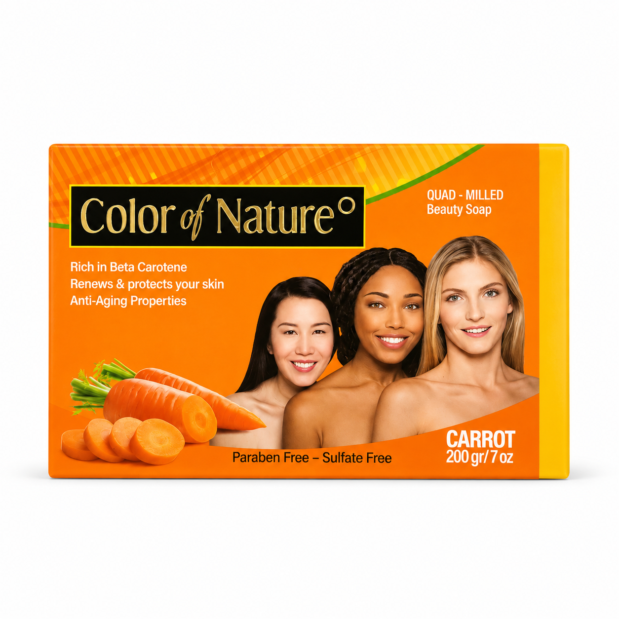 Color of Nature Carrot Beauty Soap box, 200g/7oz. The packaging is bright orange with a black banner displaying the brand name, accompanied by images of three women and fresh carrots on the front.