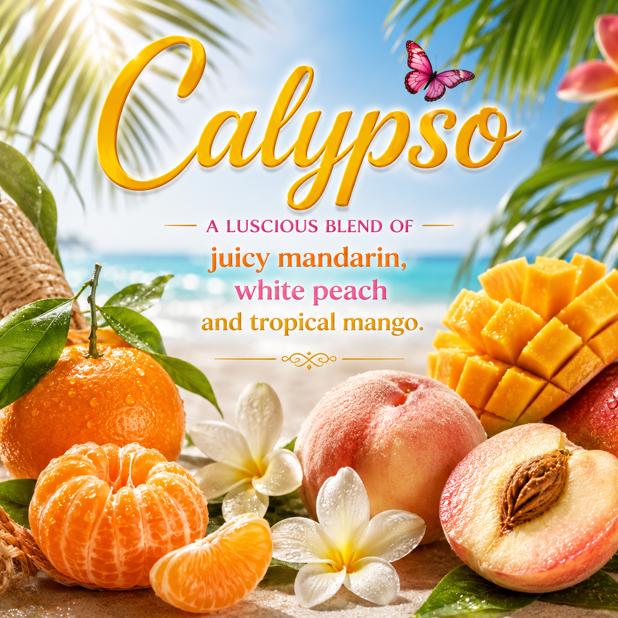 A tropical-themed graphic with the word 'Calypso' in large yellow script over a beach scene, surrounded by sliced mandarin oranges, a peach, a mango, a red apple, white plumeria flowers, and green leaves. Text reads: 'A LUSCIOUS BLEND of juicy mandarin, white peach and tropical mango.