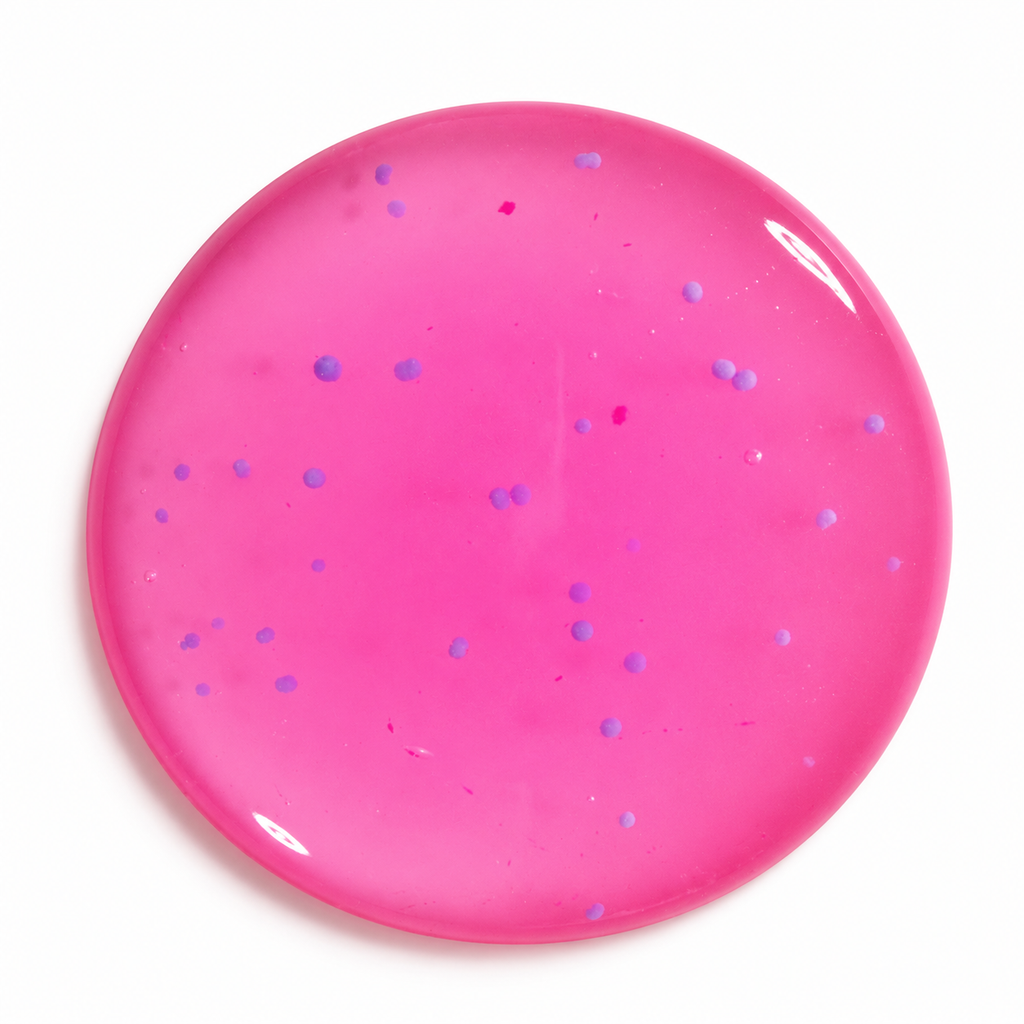 A circular, glossy pink body wash disc with embedded small blue jojoba beads shown on a plain white background.