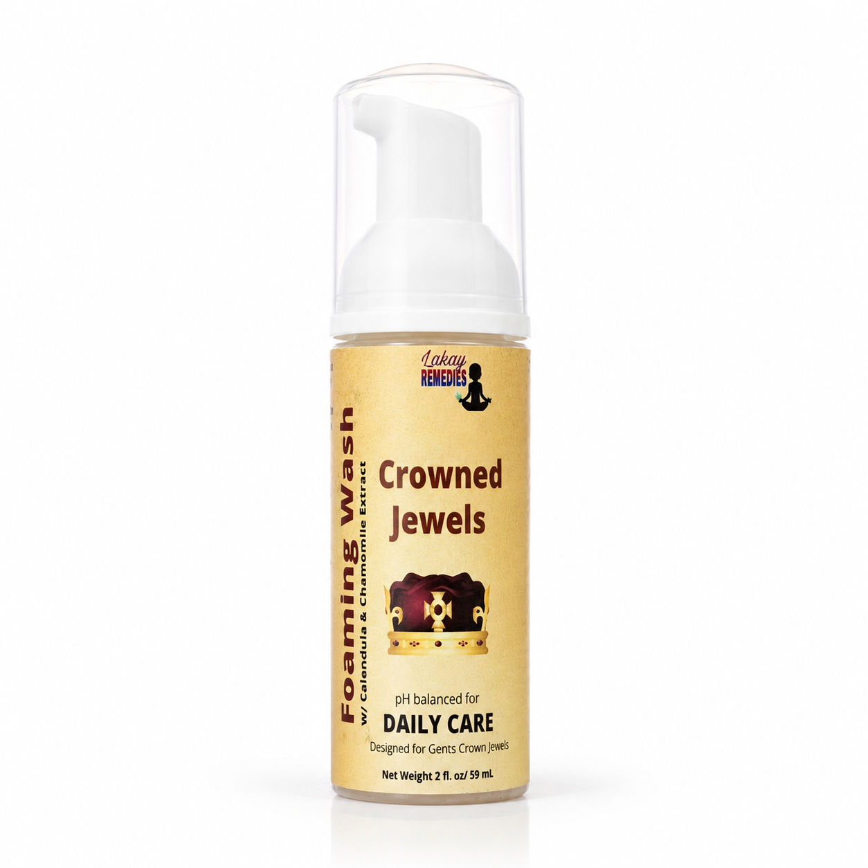 A bottle of Lakay Remedies Crowned Jewels Men's Foaming Wash, featuring a beige label with a white pump dispenser and clear cap, on a white background.