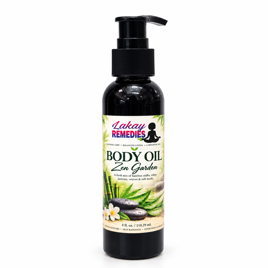 Lakay Remedies Zen Garden Body Oil 4 oz in black pump bottle with bamboo and jasmine botanical label – lightweight hydrating body oil with aloe, vetiver and soft musk fragrance.