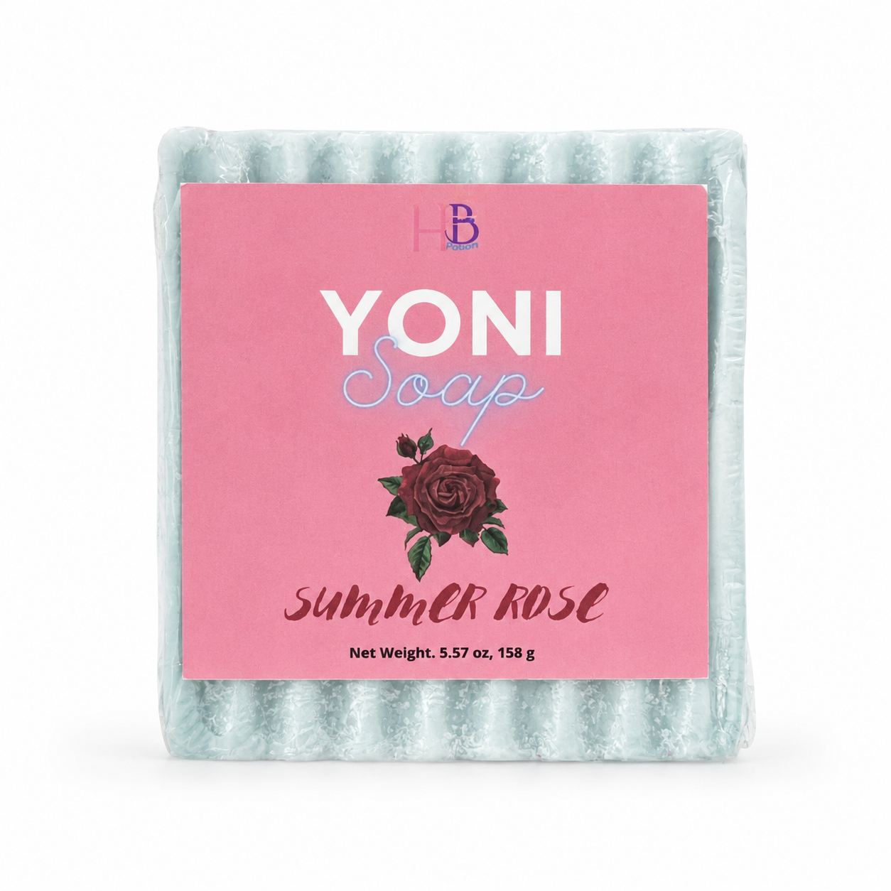 A packaged bar of Yoni Soap in the Summer Rose scent, featuring a light blue-green textured soap bar wrapped in clear plastic with a pink paper label.