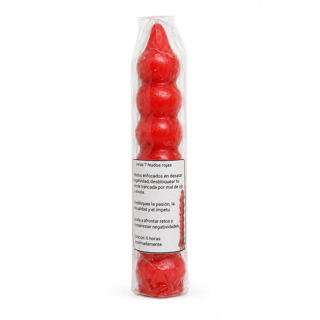 Velas 7 Nudos Roja in a clear plastic packaging on a white background