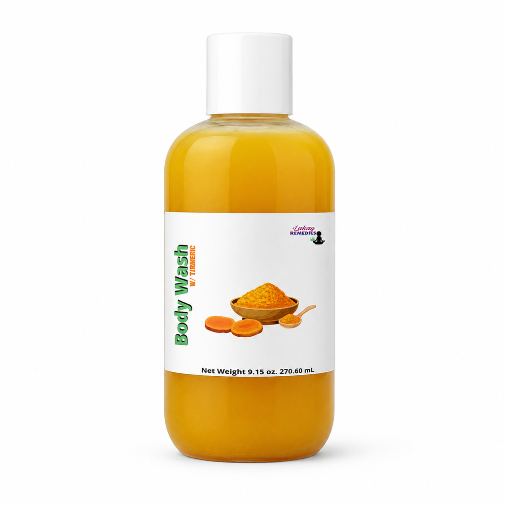 A clear plastic bottle of body wash filled with orange-yellow liquid, featuring a white cap and a white label with green text and an illustration of turmeric powder.