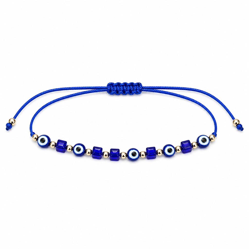 Blue beaded bracelet with evil eye symbols on a white background