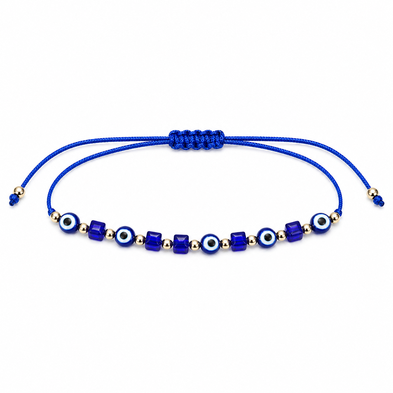 Blue beaded bracelet with evil eye symbols on a white background