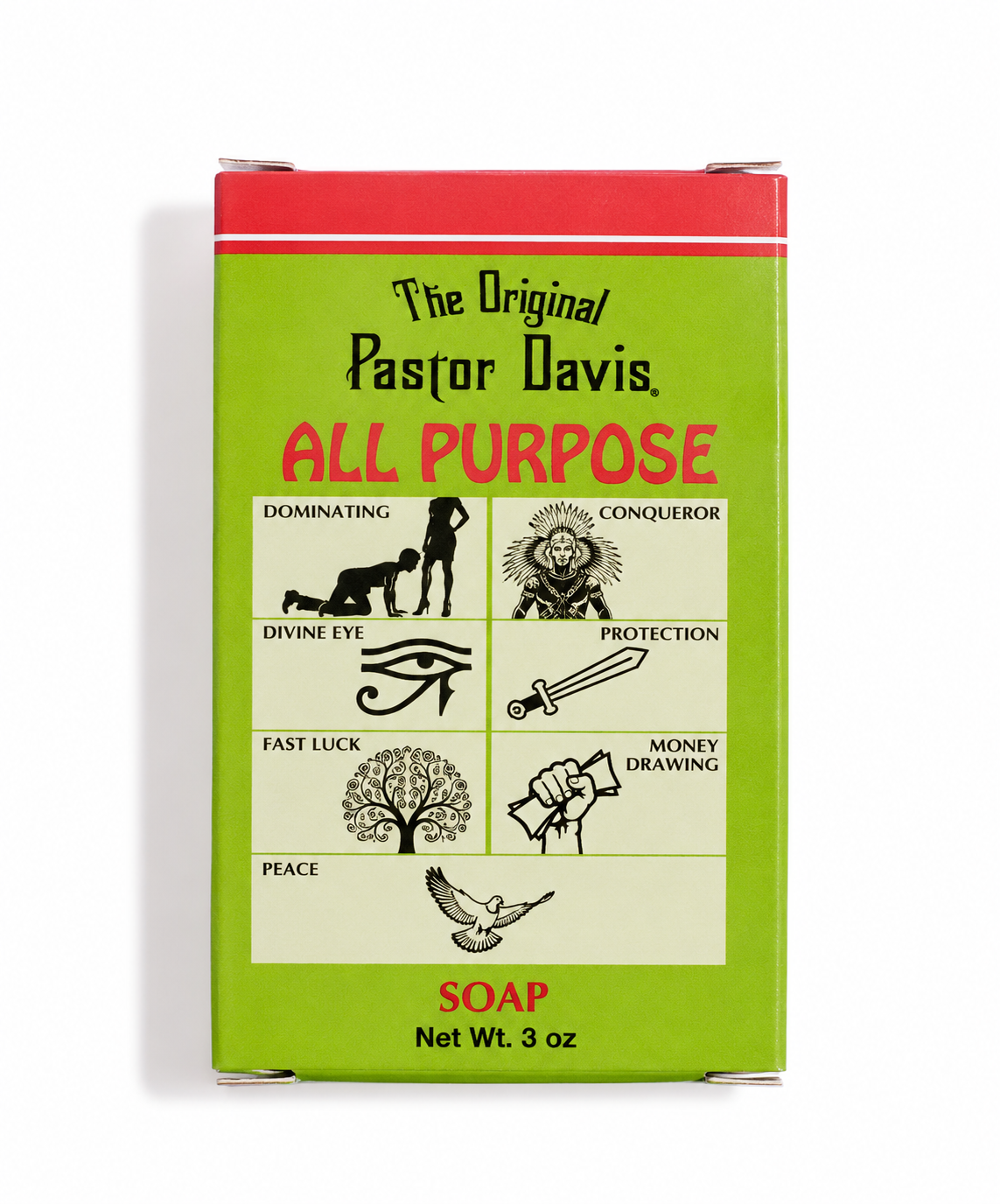 The Original Pastor Davis All Purpose Soap in a rectangular green box with a red top band, featuring black and red text and six black line-art icons on a cream panel.