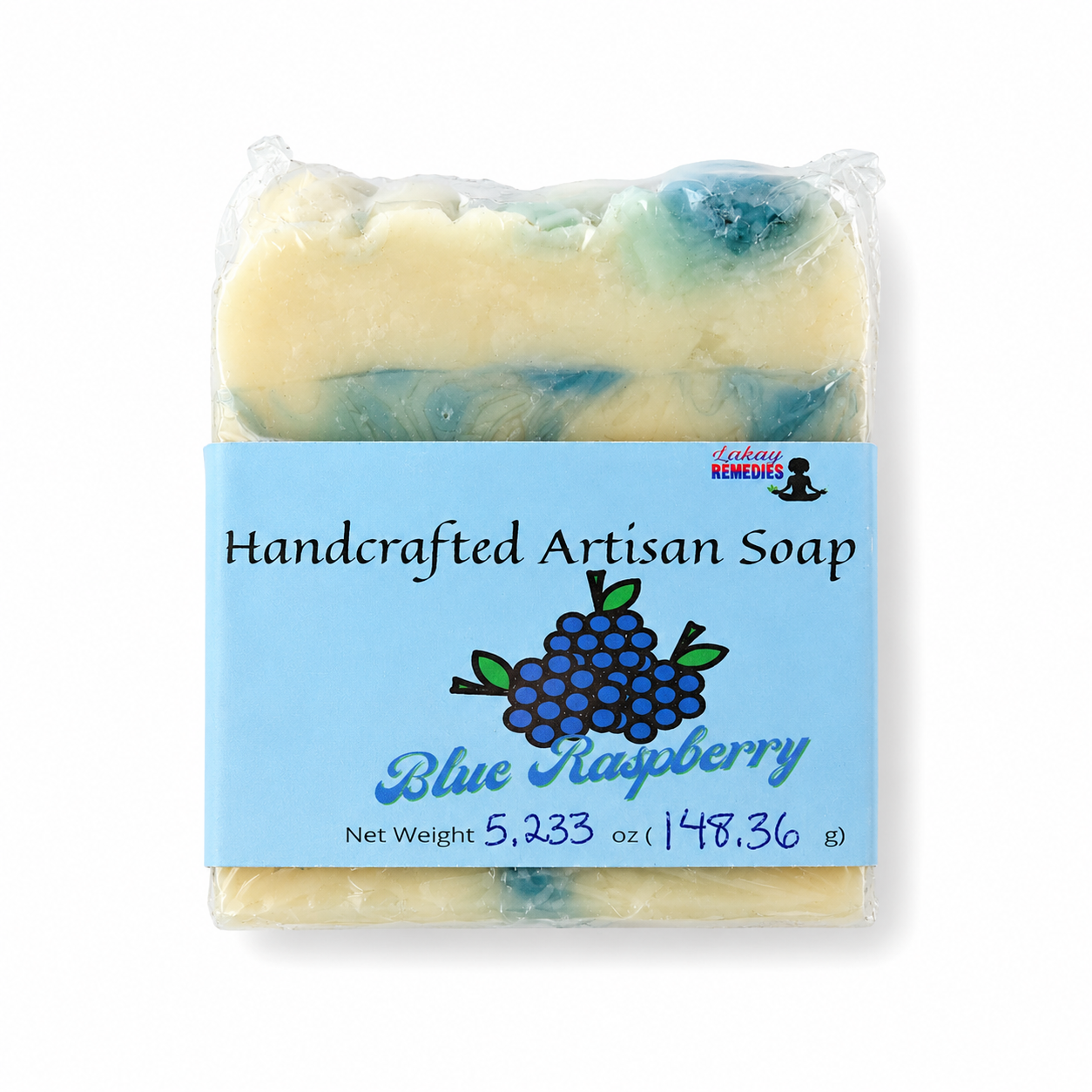 A packaged handmade soap bar labeled 'Blue Raspberry' with a light blue paper label, shown on a plain white background. The soap itself is visible through clear plastic wrapping and appears marbled in pale cream and blue-green tones.