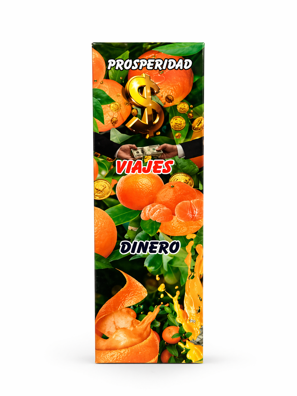 Product packaging with oranges, money, and text on a white background