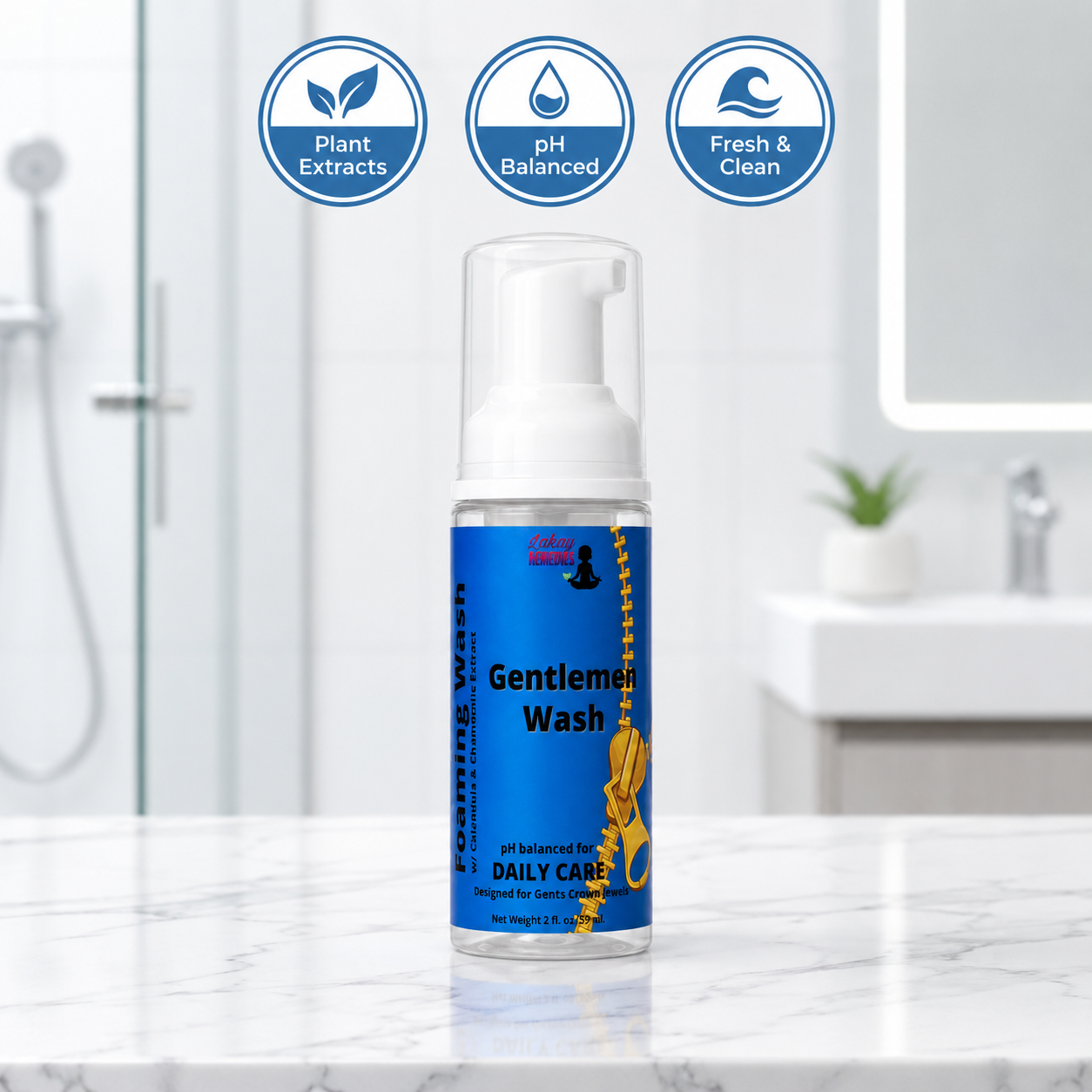 A bottle of Gentlemen's Wash daily care liquid soap with a white pump dispenser and a blue label, set on a marble countertop with a blurred bathroom background. Three circular badges at the top highlight plant extracts, pH balance, and fresh & clean features.