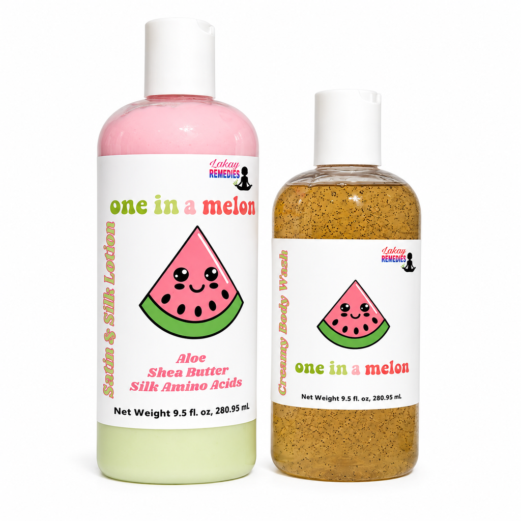Two bottles of 'one in a melon' body wash and silk lotion by Lakay Remedies on a white background. The body wash bottle contains a golden-brown liquid, and the silk lotion bottle contains a pink liquid.