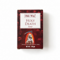 A rectangular box of Ohli-Way Holy Death Soap on a plain white background. The box is dark red with a white label at the top and an illustration of a grim reaper holding a scythe near the bottom.