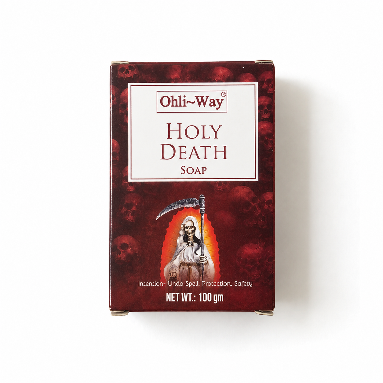 A rectangular box of Ohli-Way Holy Death Soap on a plain white background. The box is dark red with a white label at the top and an illustration of a grim reaper holding a scythe near the bottom.