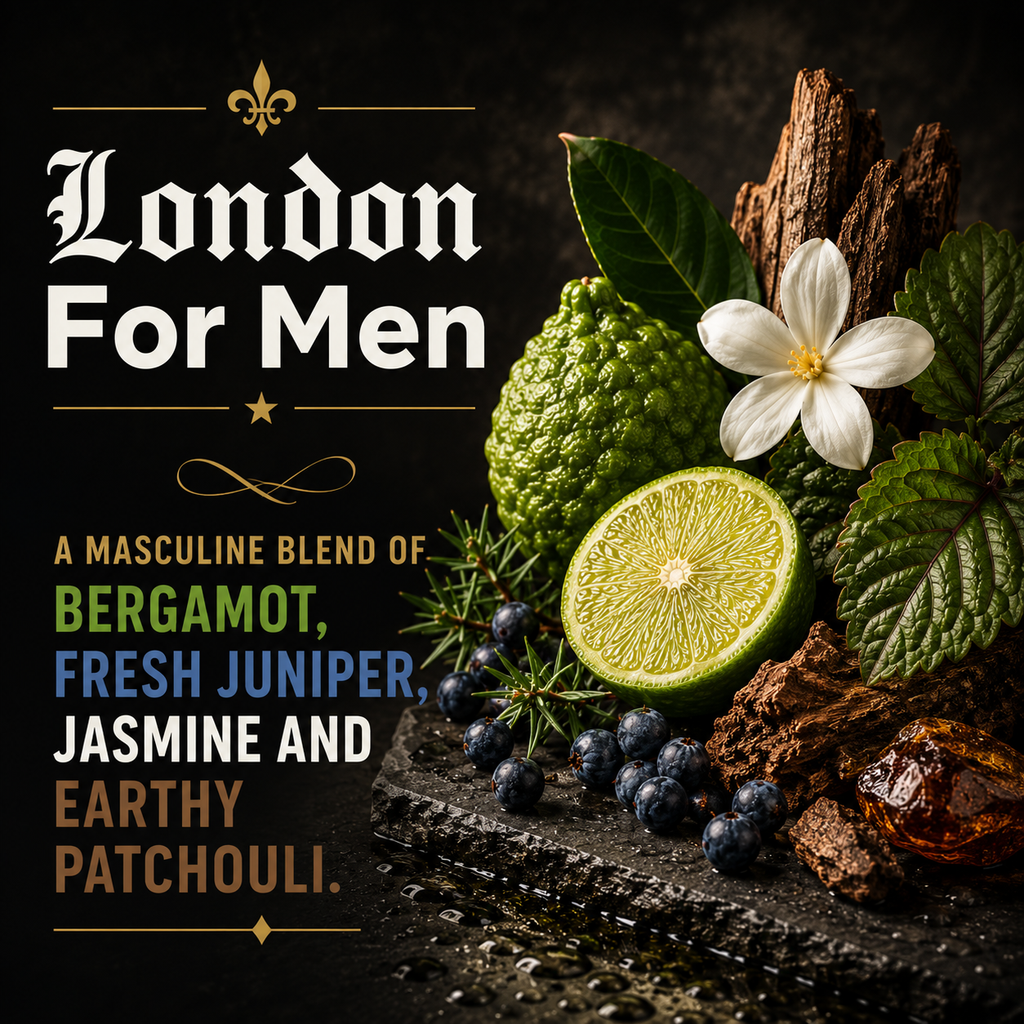 A dark promotional graphic for a fragrance or scent blend titled 'London For Men.' Large white gothic text appears on the left, with supporting copy listing ingredients: bergamot, fresh juniper, jasmine, and earthy patchouli.