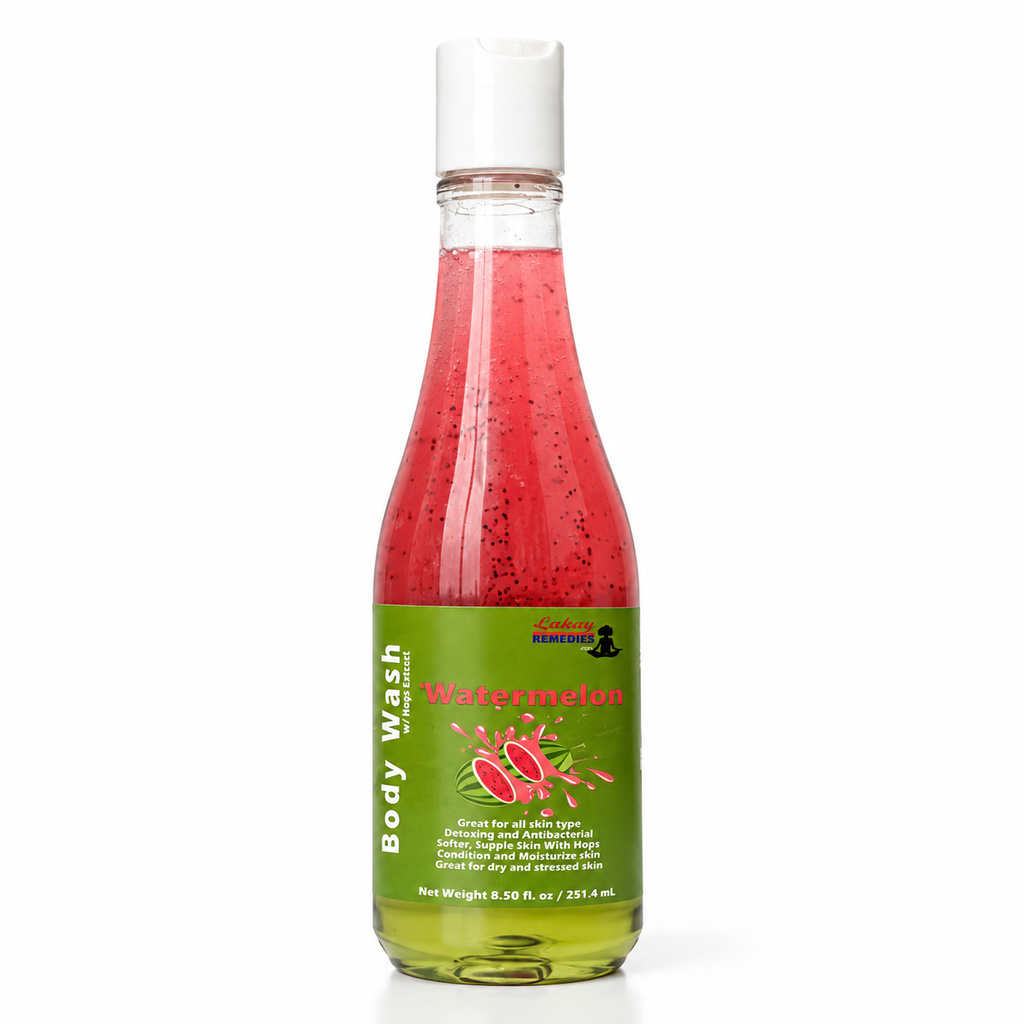 A bottle of watermelon scented body wash with a green label and white cap, filled with pinkish-red and green liquid, on a white background.